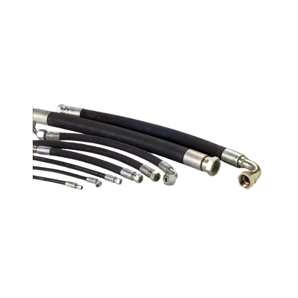 Mangueiras hidráulicas em diferentes diâmetros e cores, dispostas em linha para demonstrar a variedade de produtos